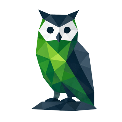 The doublcov geometric owl mascot in green and dark blue.