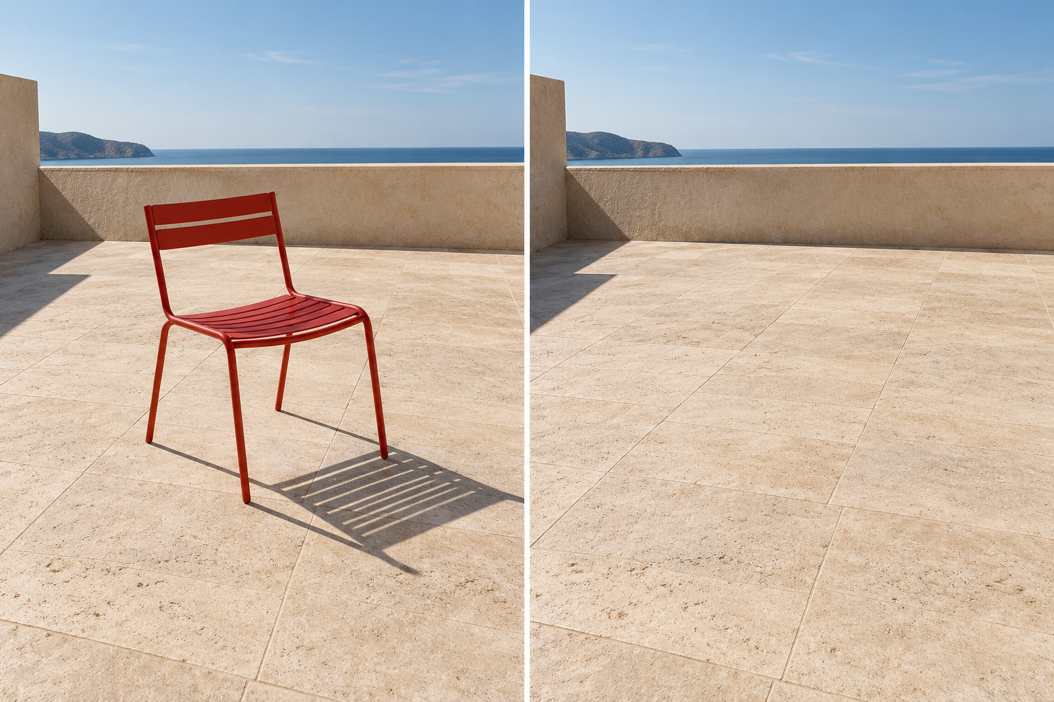 AI-generated illustration: a red chair and its shadow on a sunlit terrace, beside the same scene with both removed.