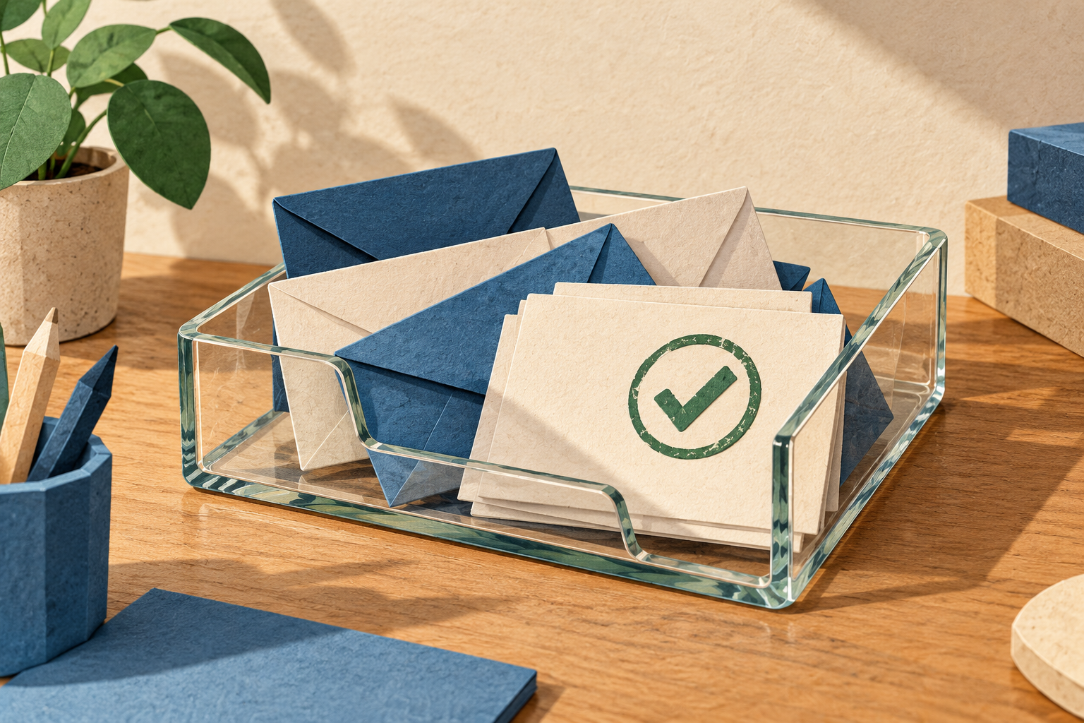 Paper envelopes and message cards captured in a glass inbox, with a green check mark on one card.