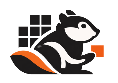 The black and orange bin-packing chipmunk mascot holding a square beside a grid of packed blocks.