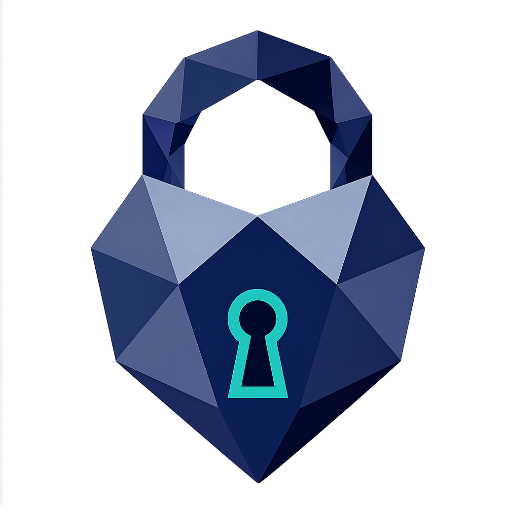 A geometric dark blue padlock with a turquoise keyhole, the Locket project artwork.